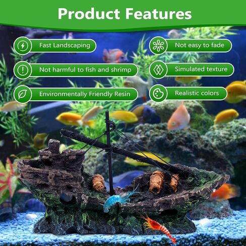 Big Ship Aquarium Decoration Resin - Large Weathered Sunken Shipwreck with Small Hole,Centerpiece for Fish Tank - Approx. 10" L x 4.5" W x 5.3" H(Big Ship) in Saudi Arabia