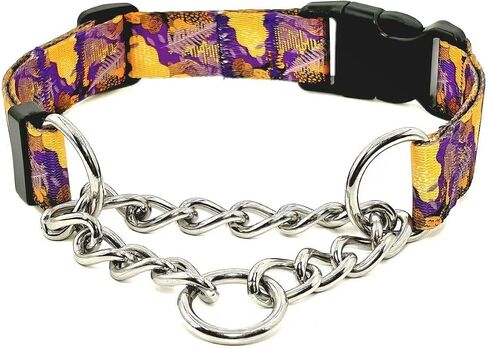 Martingale Dog Collar with Chain Stainless Steel, Nylon Dog Collar Flowers Pattern, Adjustable Training Walking Collar with Quick Release Buckle, Slip Chain Collar for Puppy Medium Large Dogs in Saudi Arabia