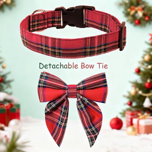 Christmas Dog Collar Detachable Dog Bow Ties Adjustable Soft Cotton Red Plaid Christmas Collars Bowtie for Large/Medium/Small Pets as Holiday Fall Winter Gifts in Saudi Arabia