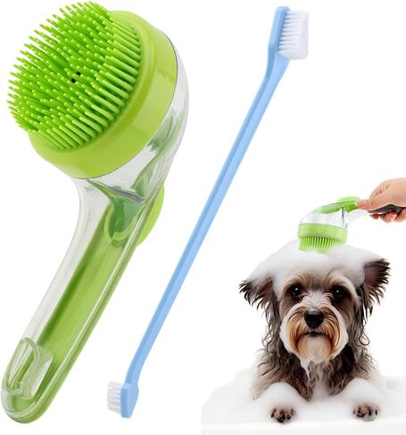 Pet Bath Brush, 2 in 1 Dog Bath Brush with Built-in Shampoo Dispenser, Pet Wash Brush with Double Head Toothbrush, Grooming Massage Brush for Dogs & Cats in Saudi Arabia