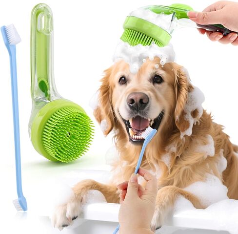 Pet Bath Brush, 2 in 1 Dog Bath Brush with Built-in Shampoo Dispenser, Pet Wash Brush with Double Head Toothbrush, Grooming Massage Brush for Dogs & Cats in Saudi Arabia