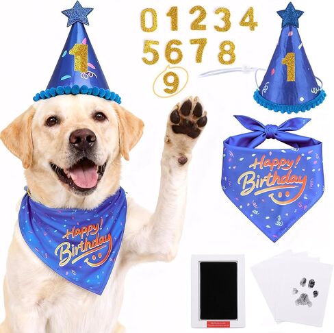 JZXOIVA Dog Birthday Party Supplies with Paw Print Kits, Dog Birthday Bandana Set, Cat Boy Girl Party Hat with Numbers for Large Medium Small Dogs, Adjustable Pet Anniversary Outfit, Red in Kuwait