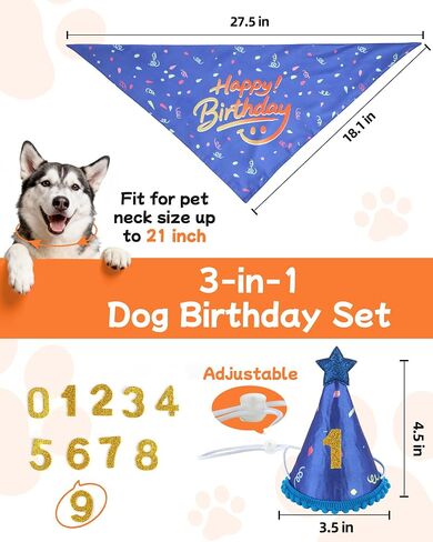 JZXOIVA Dog Birthday Party Supplies with Paw Print Kits, Dog Birthday Bandana Set, Cat Boy Girl Party Hat with Numbers for Large Medium Small Dogs, Adjustable Pet Anniversary Outfit, Red in Kuwait