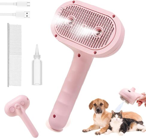 Cat Steam Brush for Shedding with Metal Comb,Deshedding Dog Brush for Long and Short Haired Dogs,Cat Brush for Indoor Cats,Self Cleaning Double Hole Spray USB Rechargeable Grooming Supplies(Pink) in Saudi Arabia