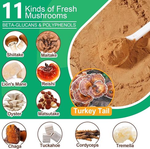 مسحوق مكملات الفطر للكلاب والقطط، 11 مركب فطر مفيد لدعم المناعة، وحماية الخلايا، وصحة القلب والدماغ، وذيل الريشي والديك الرومي، ونكهة لحم الخنزير المقدد - 120 جم in Kuwait