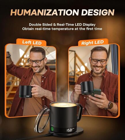 Heated Coffee Mug Rechargeable - Temperature Control Self Heating Coffee Mug 14oz with Lid, Double Sided & Real-Time LED Display, Hot up to 150℉, Birthday Gifts for Women and Men(Black) in Saudi Arabia