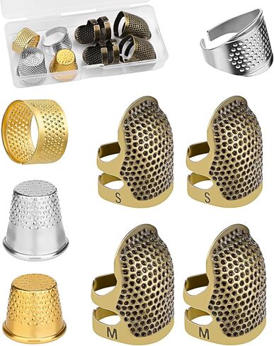 8 Pcs Sewing Thimble + 30 Pcs Sewing Needles, Finger Protector Fingertip Thimble Adjustable Metal Bronze Sewing Thimble Rings and Leather Coin Thimble for Needlework, Hand Embroidery Craft in Kuwait