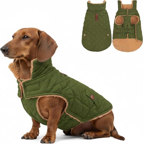 azuza Dog Jacket Waterproof & Windproof Dog Coat for Small Dogs with Thick Fleece, High Collar with Leash Hole, Adjustable Velcro & Elastic Belly, Army Green L in Kuwait