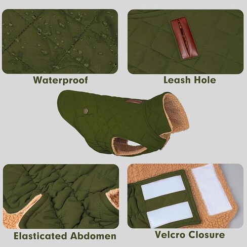 azuza Dog Jacket Waterproof & Windproof Dog Coat for Small Dogs with Thick Fleece, High Collar with Leash Hole, Adjustable Velcro & Elastic Belly, Army Green L in Kuwait