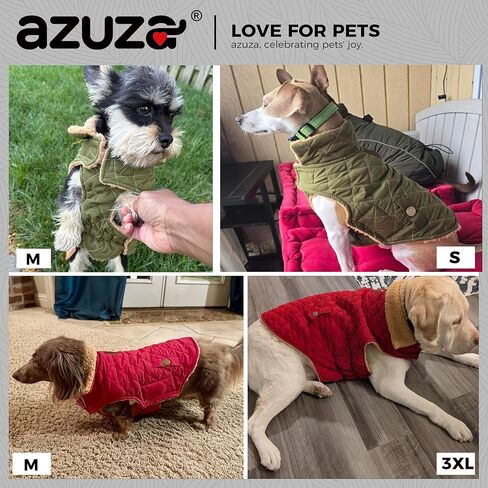 azuza Dog Jacket Waterproof & Windproof Dog Coat for Small Dogs with Thick Fleece, High Collar with Leash Hole, Adjustable Velcro & Elastic Belly, Army Green L in Kuwait