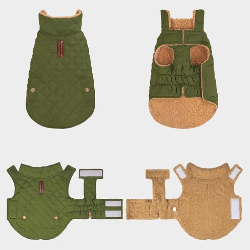 azuza Dog Jacket Waterproof & Windproof Dog Coat for Small Dogs with Thick Fleece, High Collar with Leash Hole, Adjustable Velcro & Elastic Belly, Army Green L in Kuwait
