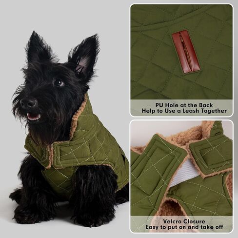 azuza Dog Jacket Waterproof & Windproof Dog Coat for Small Dogs with Thick Fleece, High Collar with Leash Hole, Adjustable Velcro & Elastic Belly, Army Green L in Kuwait