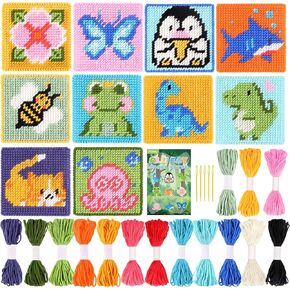 Pllieay Christmas 10-in-1 Cross Stitch Beginner Kit for Kids, Includes Instruction of 10 Different Patterns, 10 Printed Plastic canvases for Needlework, Needlepoint Starter Sewing Set in Kuwait