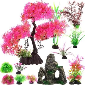 16 Pcs Aquarium Fish Tank Plastic Plants and Cave Rock Decorations Decor Set Pink Cherry Blossom Tree Aquarium Decor Set Small and Large Artificial Fish Tank Plants Accessories in Kuwait