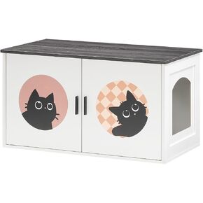 HOOBRO Cat Litter Box Enclosure with Cute Cat Patterns and Arched Entrance, Large Hidden Litter Box Enclosure Furniture, 31.3" L x 17.7" W x 17.3" H, Litter Box Cabinet, White and Walnut WH08MW01 in Kuwait