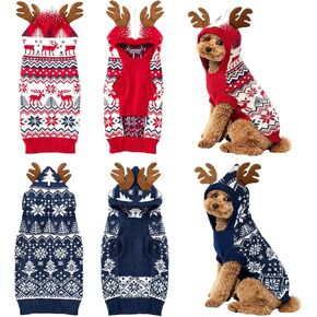 2 Pcs Christmas Dog Sweater Warm Winter Dog Hoodie Snowflake Christmas Tree Reindeer Pet Outfit Clothes Holiday Knitwear with Reindeer Antler Hood for Small Medium Pet Outdoors Playing(L) in Kuwait