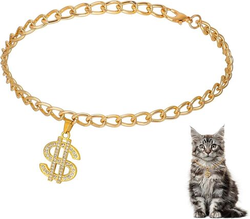 Pet Dogs and Cats Gold Chain Diamond Crystal Dollar Sign Pendant Collar Walking Metal Chain Necklace Pet Cuban Style Collar Jewelry(Bring Jewelry Box) (XS) in Saudi Arabia