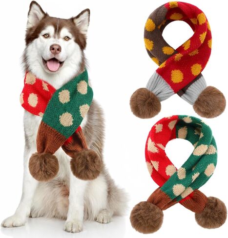 Aliceset 2 Pcs Dog Christmas Knitted Scarf Pet Scarf Dog Winter Warm Scarves with Cute Pompom Xmas Holiday Puppy Knit Scarves for Small Medium Pet Puppy Cat New Year Party(Red, Green,Hairball) in Saudi Arabia