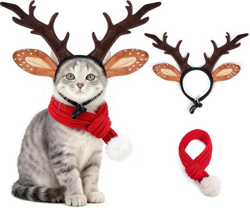famibay Pet Deer Costume Hat Pet Christmas Costume Outfit Set Reindeer Antlers Headband Red Scarf for Cats Small Dogs Holiday New Year in Kuwait
