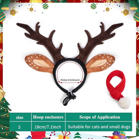 famibay Pet Deer Costume Hat Pet Christmas Costume Outfit Set Reindeer Antlers Headband Red Scarf for Cats Small Dogs Holiday New Year in Kuwait