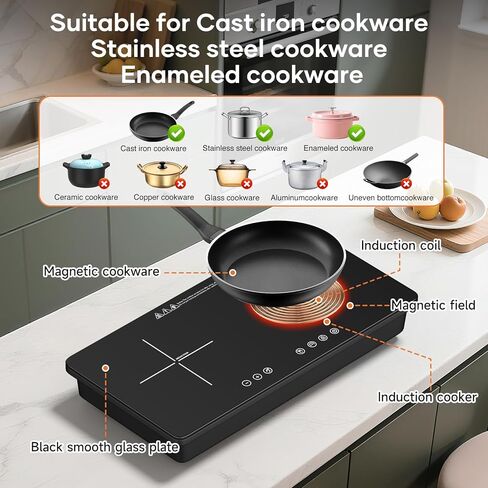 موقد كهربائي مزدوج الحث بقدرة 1800 وات، موقد كهربائي مزدوج 900 وات مع سطح زجاجي ذو علامة متقاطعة، تحكم رقمي باللمس، 8 مستويات طاقة، تسخين سريع وميزات أمان للمطبخ المنزلي RV in Kuwait