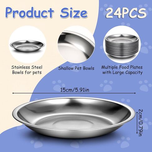 24 Pcs Stainless Steel Cat Bowls, Metal Shallow Wide Pet Dish Food Replacement Whisker Fatigue Relief Cat Food Feeding Plates for Small Cats and Dogs in Saudi Arabia