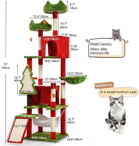 DWVO 75in Christmas Cat Tree Tower, Cat Tree House with Plush Perches & Sisal Scratching Posts, Kitty Tower Tall for Cats to Play and Sleep in Saudi Arabia