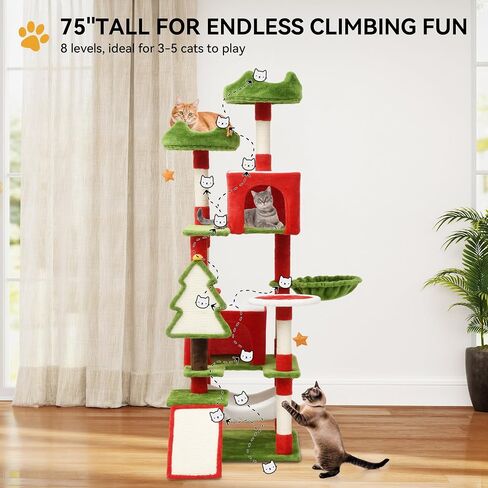 DWVO 75in Christmas Cat Tree Tower, Cat Tree House with Plush Perches & Sisal Scratching Posts, Kitty Tower Tall for Cats to Play and Sleep in Saudi Arabia