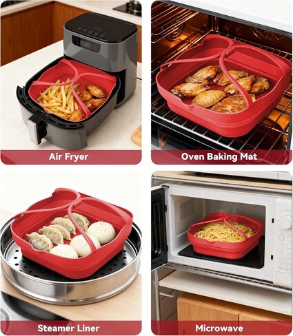 بطانات مقلاة هوائية من السيليكون مع مقابض: بطانة سلة Airfryer مربعة قابلة لإعادة الاستخدام مقاس 8.3 بوصة لـ 3.5-5 Qt - صينية الخبز ملحقة ملحقات مقلاة الهواء للطهي من أجل Cosori Philips Ninja Instant Vortex والمزيد in Saudi Arabia
