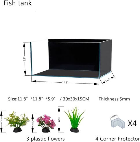 3.5 Gallon Fish Tank 30 * 30 * 15CM- Low Iron Glass Aquarium with Non-Slip Mat, Background Paper & Corner Protectors | Betta, Turtle, Shrimp Habitat Kit | Beginner Friendly Small Aquarium in Saudi Arabia