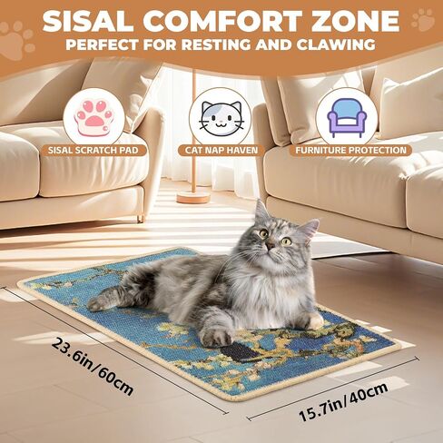 Sisal Cat Scratcher Mat, Cat Wall Scratcher for Indoor Cats, 23.6x15.7 Inch Cat Scratch Pad with Hook & Loop, Wall Mounted Cat Scratching Post to Protect Couch and Carpet（Almond Blossoms） in Saudi Arabia