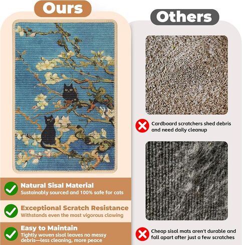 Sisal Cat Scratcher Mat, Cat Wall Scratcher for Indoor Cats, 23.6x15.7 Inch Cat Scratch Pad with Hook & Loop, Wall Mounted Cat Scratching Post to Protect Couch and Carpet（Almond Blossoms） in Saudi Arabia