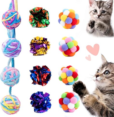 Cat Toys Balls 12Pcs Yarn Cat Balls with Bells Inside, Interactive Kitten Chew Toys for Indoor Kittens Kitty,Muticolor, Crinkle Toys Set，1.7 inches in Saudi Arabia