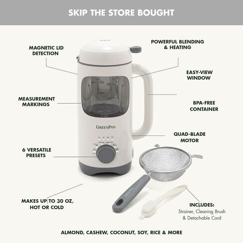 GreenPan Nut Milk Maker, 15-in-1 Homemade Soy, Almond, Oat, Coconut, Non-Dairy, Rice, Soup, Baby Food, BPA-Free, Smooth Creamy Texture, Self Clean, Barista Quality Milk, Delay Start, Boil Water, Cream in Saudi Arabia