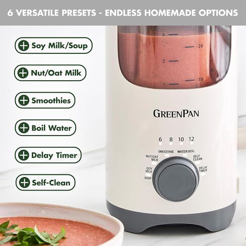 GreenPan Nut Milk Maker, 15-in-1 Homemade Soy, Almond, Oat, Coconut, Non-Dairy, Rice, Soup, Baby Food, BPA-Free, Smooth Creamy Texture, Self Clean, Barista Quality Milk, Delay Start, Boil Water, Cream in Saudi Arabia