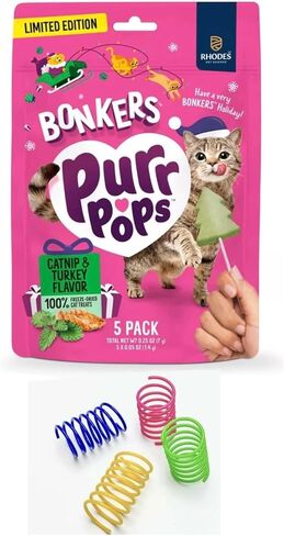 Bonkers Purrpops Limited Edition Christmas Themed Chicken Flavor Freeze-Dried Licks Cat Treats Catnip & Turkey Flavor - 5 Pack with Cat Spring Toys Bundle Pack in Saudi Arabia