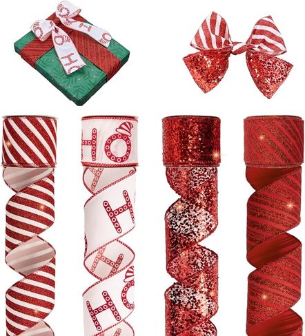 PAPER FAIR 4 Rolls 32 yd Red Green Glitter Christmas Wired Ribbon Set, 2.5 inch x 8yd Polka Dot Satin Burlap Ribbon for Xmas Tree Décor, Gift Wrap Box, Bow, Wreath, Garland, Floral DIY Craft in Kuwait