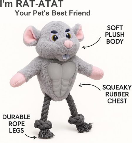 Funny Muscle Mouse Dog Toy – Plush Rat with Squeaky Rubber Chest & Rope Legs, Durable Interactive Chew Toy for Medium & Large Dogs, Cute Stuffed Animal for Tug, Fetch & Dental Play in Saudi Arabia