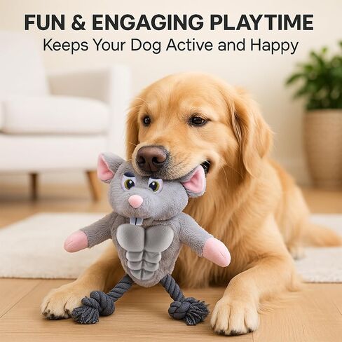 Funny Muscle Mouse Dog Toy – Plush Rat with Squeaky Rubber Chest & Rope Legs, Durable Interactive Chew Toy for Medium & Large Dogs, Cute Stuffed Animal for Tug, Fetch & Dental Play in Saudi Arabia
