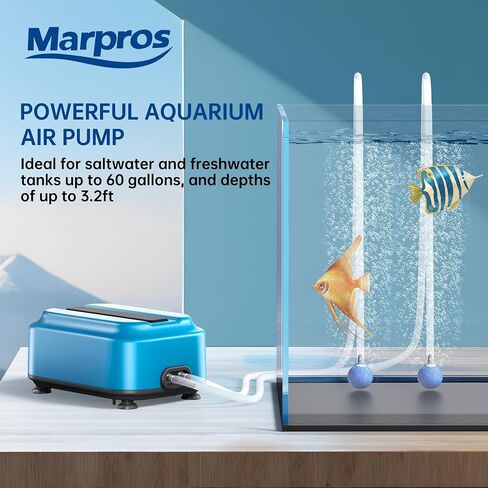 Aquarium Air Pump with Adjustable Double Outlet air Stone Bubbler for Fish Tank, Silent Fish Tank Aerator with Accessories, 2.5W/5W/8W/12W for Up to 300 Gallon Tank in Kuwait