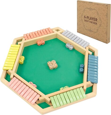 WOOD CITY Shut The Box Game Wooden for 2-6 Players, Close The Box Math Game for Kids Adults with 16 Dice, 6 Way Tabletop Quick Board Game for Family Friends 3+ Years Old in Classroom, Party or Pub in Saudi Arabia