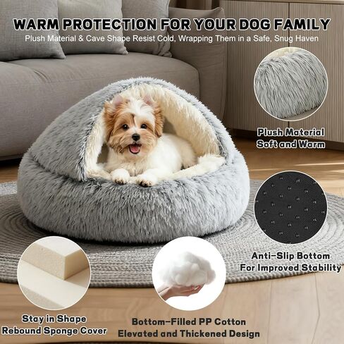YUDANSI Calming Small Dog Bed & Indoor Cat Bed - Plush Fluffy Hooded Cave Nest, Anti-Slip Self-Warming, Washable Built-in No-Collapsing Support (Grey-65cm/26in) in Saudi Arabia