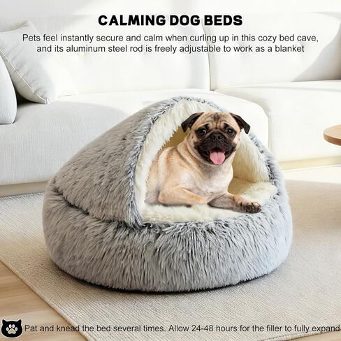 YUDANSI Calming Small Dog Bed & Indoor Cat Bed - Plush Fluffy Hooded Cave Nest, Anti-Slip Self-Warming, Washable Built-in No-Collapsing Support (Grey-65cm/26in) in Saudi Arabia