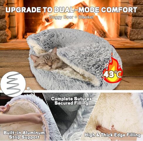 YUDANSI Calming Small Dog Bed & Indoor Cat Bed - Plush Fluffy Hooded Cave Nest, Anti-Slip Self-Warming, Washable Built-in No-Collapsing Support (Grey-65cm/26in) in Saudi Arabia