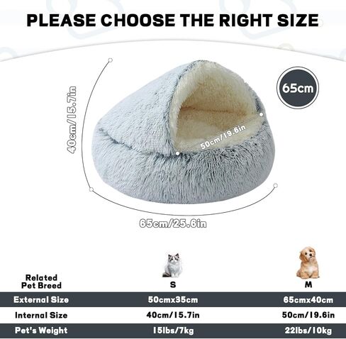 YUDANSI Calming Small Dog Bed & Indoor Cat Bed - Plush Fluffy Hooded Cave Nest, Anti-Slip Self-Warming, Washable Built-in No-Collapsing Support (Grey-65cm/26in) in Saudi Arabia