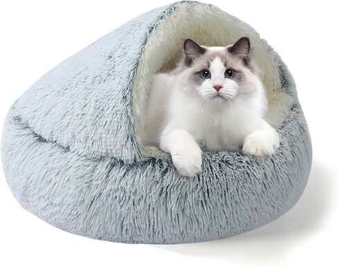 YUDANSI Calming Small Dog Bed & Indoor Cat Bed - Plush Fluffy Hooded Cave Nest, Anti-Slip Self-Warming, Washable Built-in No-Collapsing Support (Grey-65cm/26in) in Saudi Arabia