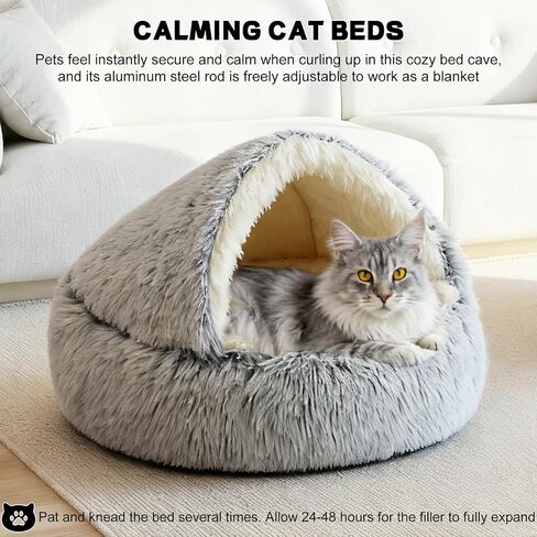 YUDANSI Calming Small Dog Bed & Indoor Cat Bed - Plush Fluffy Hooded Cave Nest, Anti-Slip Self-Warming, Washable Built-in No-Collapsing Support (Grey-65cm/26in) in Saudi Arabia