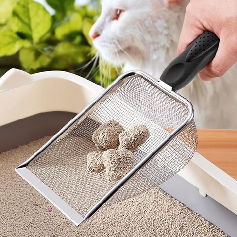 Professional Cat Litter Scoop - Stainless Steel Mesh Litter Shovel - Long Handle Sifting Shovel with Non-Slip Grip - Durable & Rust Resistant for Easy Waste Removal - Black in Saudi Arabia