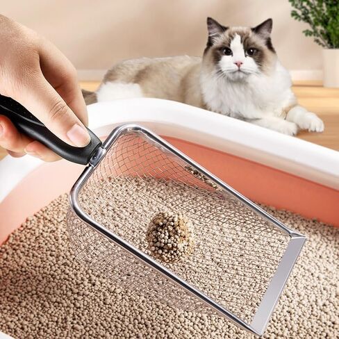 Professional Cat Litter Scoop - Stainless Steel Mesh Litter Shovel - Long Handle Sifting Shovel with Non-Slip Grip - Durable & Rust Resistant for Easy Waste Removal - Black in Saudi Arabia