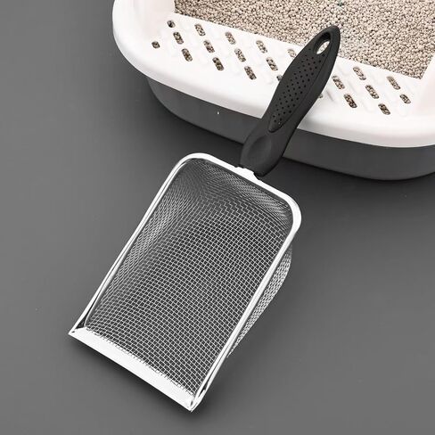 Professional Cat Litter Scoop - Stainless Steel Mesh Litter Shovel - Long Handle Sifting Shovel with Non-Slip Grip - Durable & Rust Resistant for Easy Waste Removal - Black in Saudi Arabia